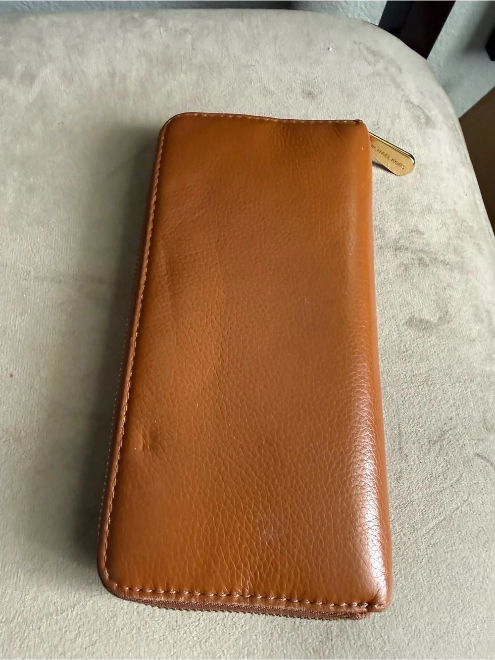 Michael Kors Cognac Leather Zip-Around Wallet with Gold Plaque
